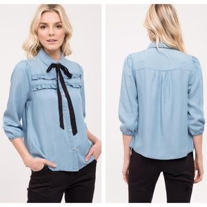 Button Up Top 3/4 Sleeve Ribbon Tie With Ruffles